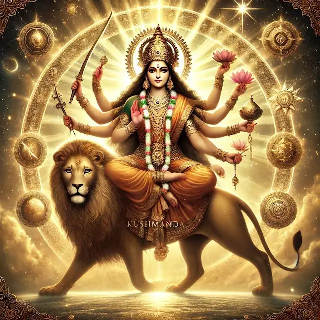 Maa Kushmanda performing Aarti with glowing diya and flowers Illustration of Maa Kushmanda with mantra text