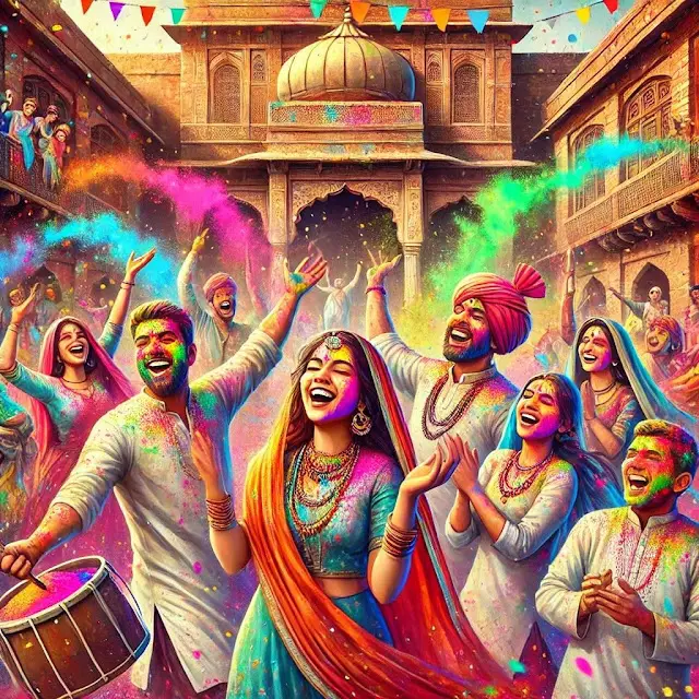 Holi festival of colors in India with people celebrating with vibrant powders