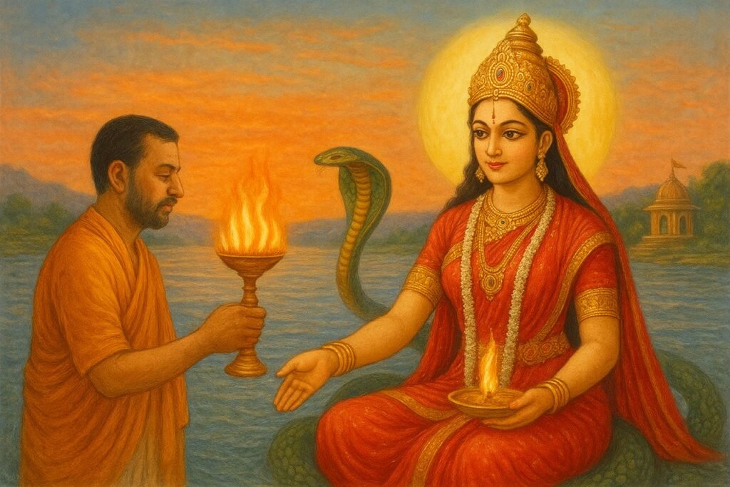 Aartihub - Priest performing Maa Narmada Aarti at the sacred Narmada River.